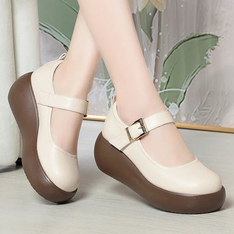 Zapatos de cuero genuino de suela gruesa para madre